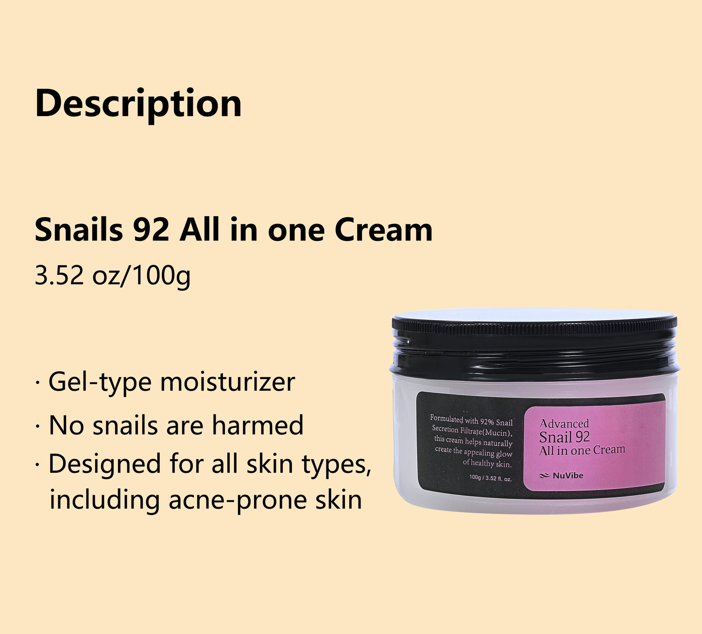 NuVibe ADVANCED Snail Mucin 92% Repair Moisturizer – 3.52 Oz (100g)