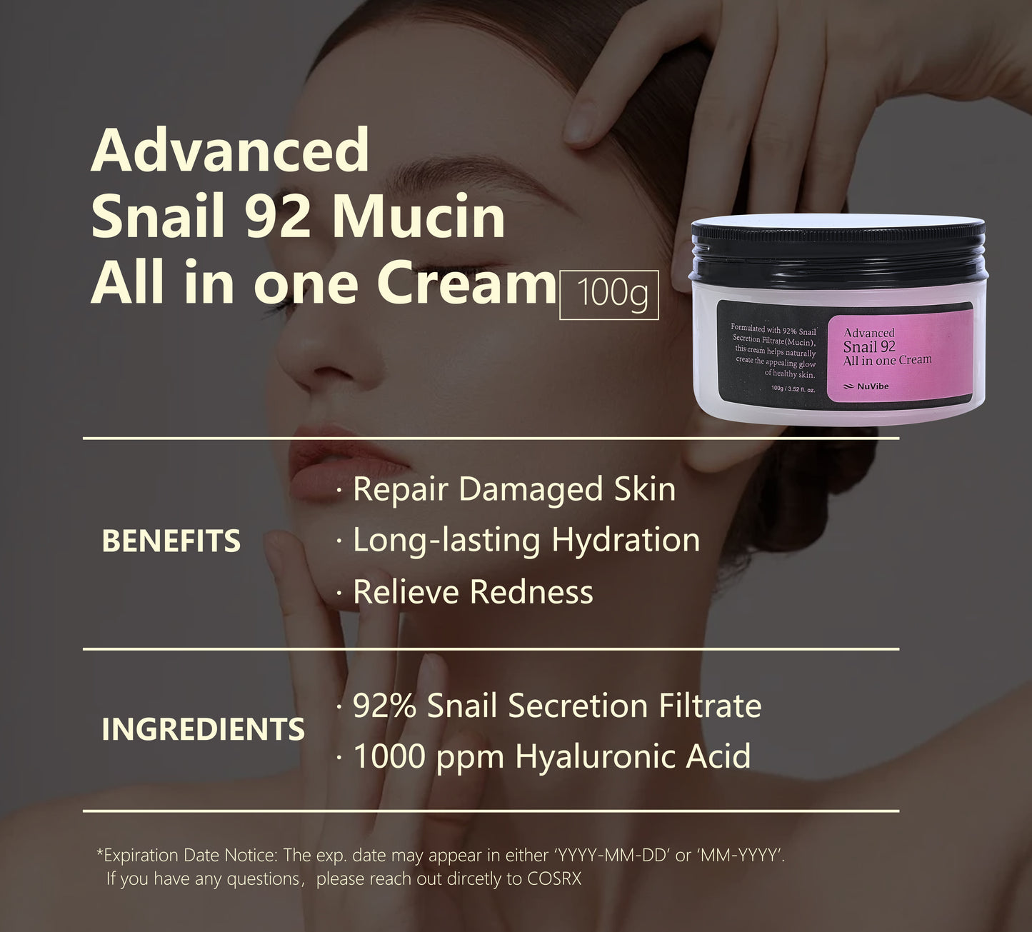 NuVibe ADVANCED Snail Mucin 92% Repair Moisturizer – 3.52 Oz (100g)